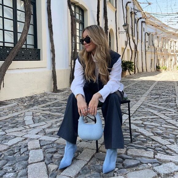 ZARA 36/6 Denim Blue Pointy Toe Heeled Ankle Booties - Picture 7 of 11